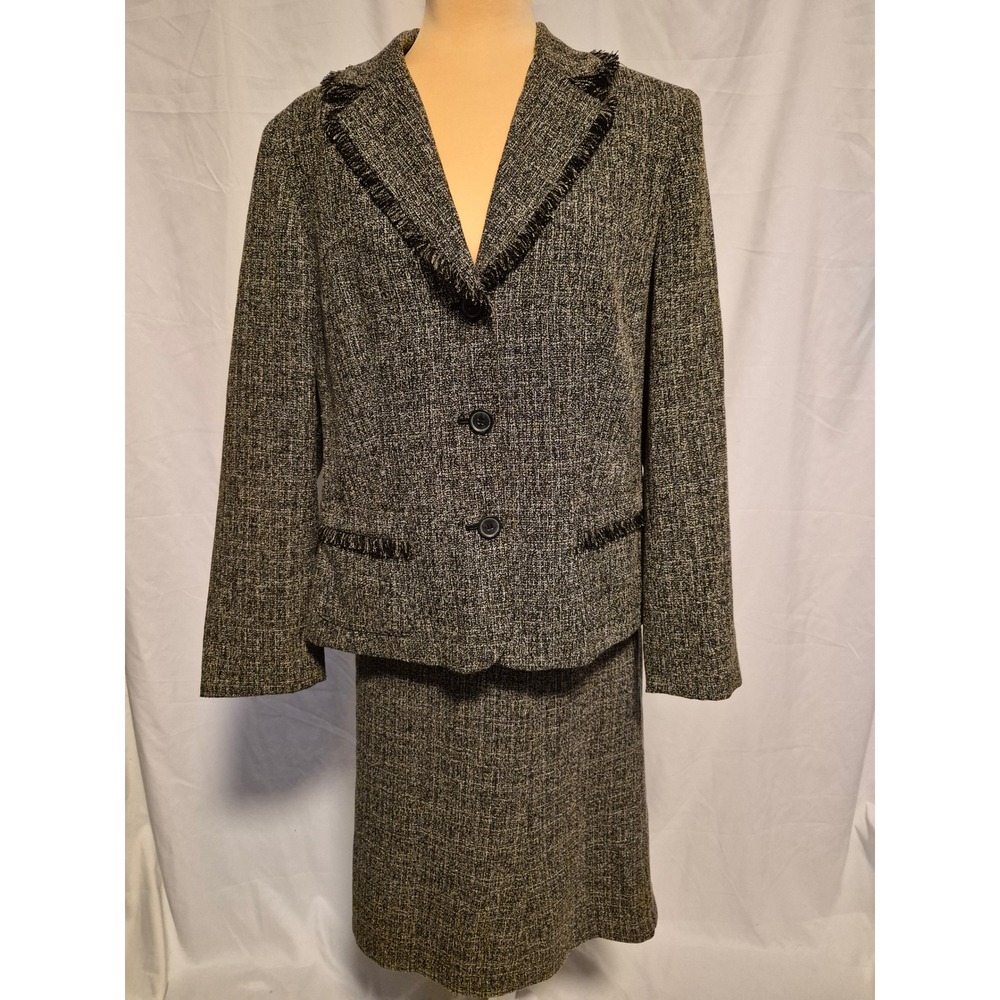Norton McNaughton Womens Tweed Skirt Suit Set Black White Fringe Trim Size 14
